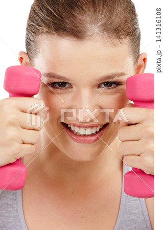 Portrait, smile and dumbbells with woman, workout and exercise isolated on a white studio background. Face, happy person and athlete with equipment or training with wellness and energy with fitness 141316108