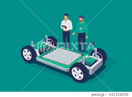 Automobile Engineers Working on Electric Car Battery Cell Pack Platform Chassis Automobile Engineers Working on Electric Car Battery Cell Pack Platform Chassis 141316291