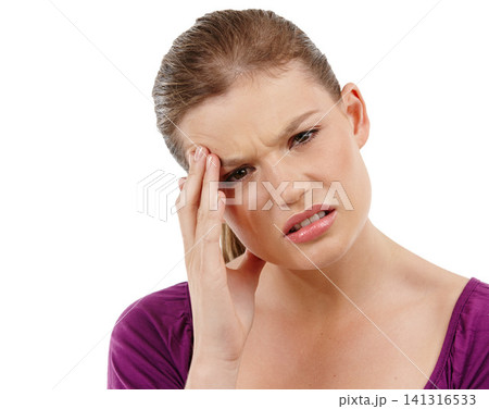 Stress, headache and portrait of woman in studio with anxiety, vertigo or overwhelmed on white background. Brain fog, crisis or model frustrated by temple pain, regret or mistake, trauma or disaster 141316533