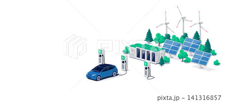 Electric car charging on renewable solar wind charger station with many charging stalls 141316857