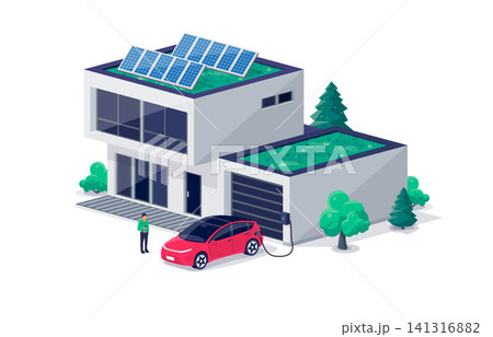 Electric car parking charging at modern home inside garage on wall box charger station Electric car parking charging at modern home inside garage on wall box charger station 141316882