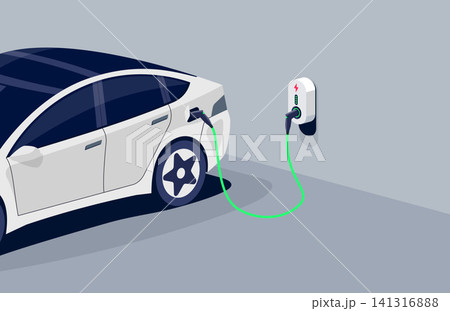 Electric car charging in home garage plugged to home charger station. Electric car charging in home garage plugged to home charger station. 141316888