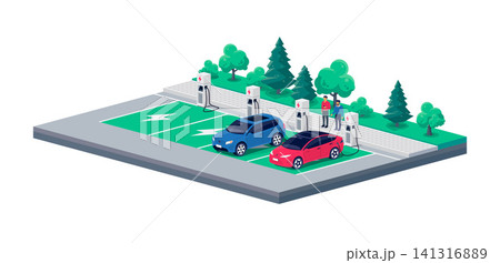 Electric cars perpendicular parking charging on city street road sideway. Electric cars perpendicular parking charging on city street road sideway. 141316889