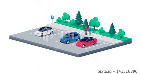 Modern cars parked on free rest area parking lot near road with persons standing Modern cars parked on free rest area parking lot near road with persons standing 141316890