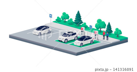 Electric cars perpendicular parking charging on dedicated spot street road sideway. Electric cars perpendicular parking charging on dedicated spot street road sideway. 141316891