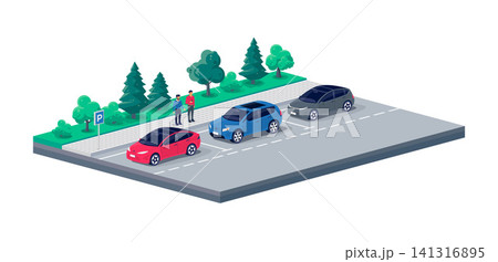 Modern cars parallel parking on city street road sideway. 141316895