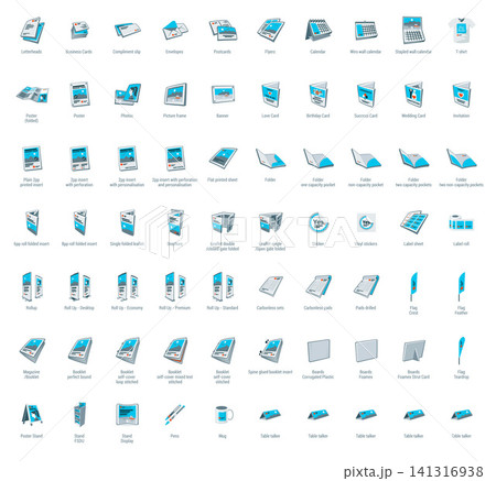 Set of vector cartoon style printing products icons. Set of vector cartoon style printing products icons. 141316938
