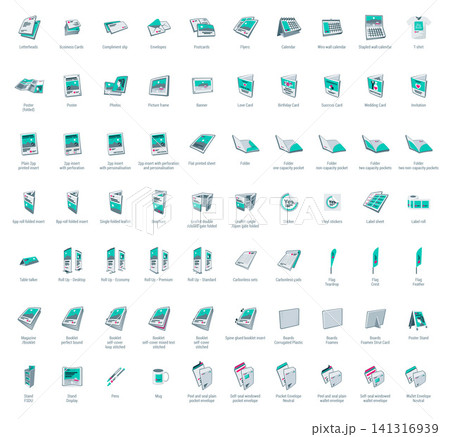 Set of vector cartoon style printing products icons. Set of vector cartoon style printing products icons. 141316939