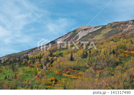 紅葉する山の木々と青空 141317490
