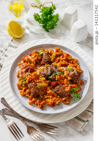 Hearty American Greek Giouvetsi Beef Rice plate Hearty American Greek Giouvetsi Beef Rice plate 141317542
