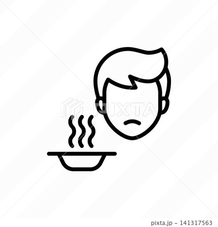 Loss of appetite thin line icon. Symptom of illness or infection. Sad man sitting near plate with food. Vector illustration. Loss of appetite thin line icon. Symptom of illness or infection. Sad man sitting near plate with food. Vector illustration. 141317563