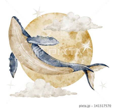 Whale with moon and clouds watercolor illustration. Art of marine animal flying in the sky with stars on isolated background. Fantasy marine composition for nursery poster and childish storybook. 141317570