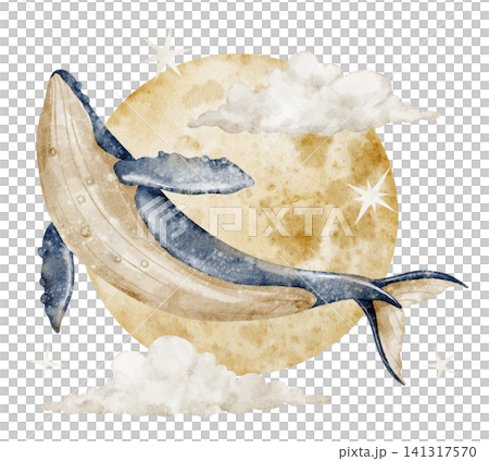 Whale with moon and clouds watercolor illustration. Art of marine animal flying in the sky with stars on isolated background. Fantasy marine composition for nursery poster and childish storybook. 141317570