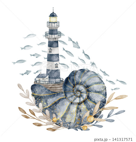 Watercolor illustration with Nautilus and lighthouse with shoal of fish and seaweeds. Isolated spiral shell with Beacon. Fantasy nautical composition for marine childish storybook and nursery posters. 141317571