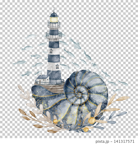 Watercolor illustration with Nautilus and lighthouse with shoal of fish and seaweeds. Isolated spiral shell with Beacon. Fantasy nautical composition for marine childish storybook and nursery posters. 141317571
