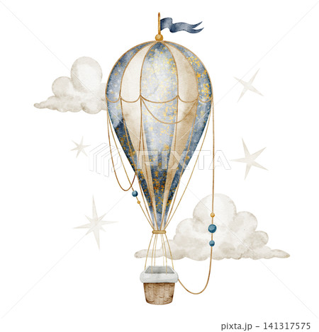 Balloon watercolor illustration. Vintage hot air balloon with clouds and stars on isolated background. Fantasy transport for nursery poster, childish storybook and baby pastel travel projects. Balloon watercolor illustration. Vintage hot air balloon with clouds and stars on isolated background. Fantasy transport for nursery poster, childish storybook and baby pastel travel projects. 141317575