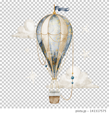 Balloon watercolor illustration. Vintage hot air balloon with clouds and stars on isolated background. Fantasy transport for nursery poster, childish storybook and baby pastel travel projects. 141317575