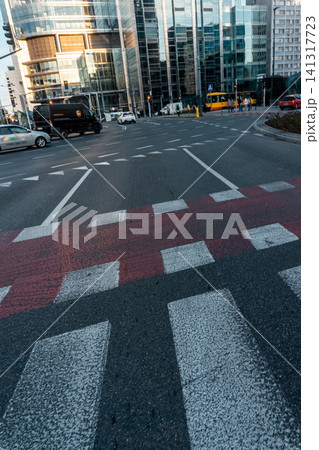 pedestrian crosswalk on road at downtown district of big city, street view pedestrian crosswalk on road at downtown district of big city, street view 141317723