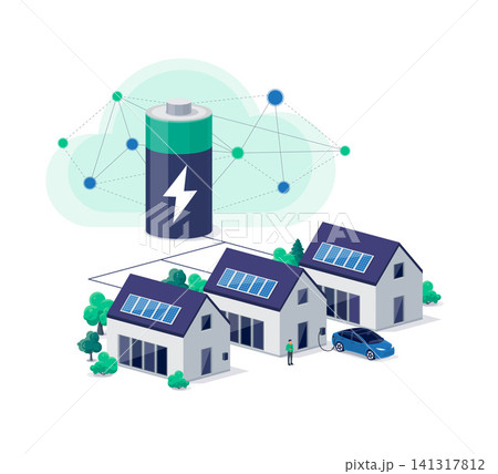 Home virtual power plant with battery energy storage and solar panels and electric car charging 141317812