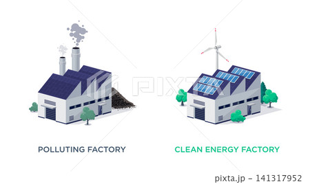 Clean Renewable Solar Wind and Fossil Fuel Dirty Polluting Factories Clean Renewable Solar Wind and Fossil Fuel Dirty Polluting Factories 141317952