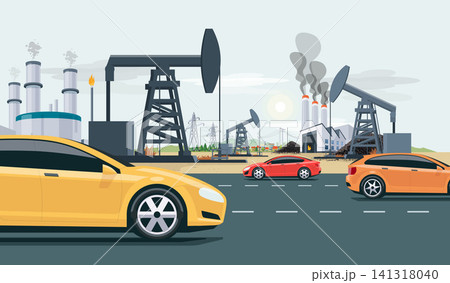 Oilfield with oil pumps with fossil coal gas power stations and cars traffic 141318040