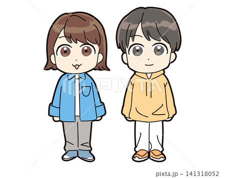 笑顔で立っている20代くらいの私服の若い男女(全身・正面) 笑顔で立っている20代くらいの私服の若い男女(全身・正面) 141318052