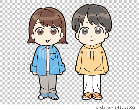 笑顔で立っている20代くらいの私服の若い男女(全身・正面) 笑顔で立っている20代くらいの私服の若い男女(全身・正面) 141318052