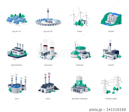 Isolated electric energy power station generation types with battery storage power lines Isolated electric energy power station generation types with battery storage power lines 141318189