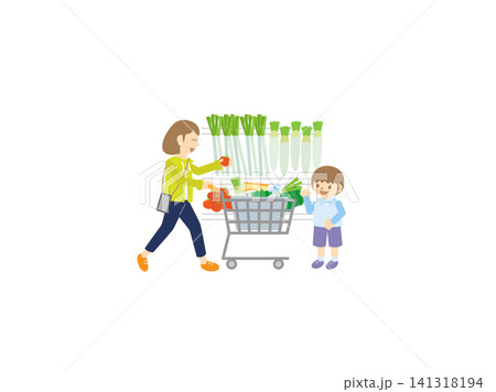 スーパーで野菜を選ぶ母と男の子・ショッピングカート・買い物 141318194