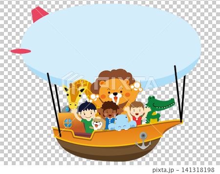 資訊框素材,描繪了動物和兒童乘坐飛艇旅行的場景。 資訊框素材,描繪了動物和兒童乘坐飛艇旅行的場景。 141318198