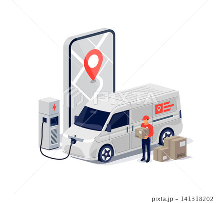 Electric delivery van parcel service with man and smartphone tracking app 141318202