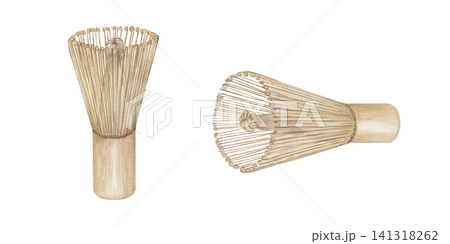 Bamboo matcha whisk chasen for traditional Japanese tea ceremony preparation. Handcrafted wooden tool for mixing matcha powder. Culinary equipment watercolor illustration for healthy organic beverage 141318262