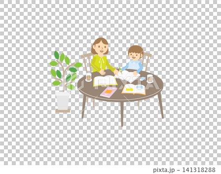 一位母親和兒子在桌旁互相幫忙做作業——家庭學習——親子共學 一位母親和兒子在桌旁互相幫忙做作業——家庭學習——親子共學 141318288