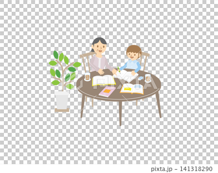 Grandmother helping her grandson with his homework at the table; home learning; grandson studying Grandmother helping her grandson with his homework at the table; home learning; grandson studying 141318290