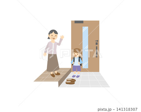 玄関で登校する男の子を見送る祖母・ランドセル・行ってらっしゃい 玄関で登校する男の子を見送る祖母・ランドセル・行ってらっしゃい 141318307