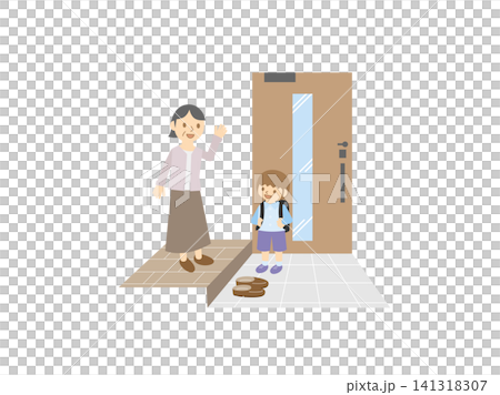 玄関で登校する男の子を見送る祖母・ランドセル・行ってらっしゃい 玄関で登校する男の子を見送る祖母・ランドセル・行ってらっしゃい 141318307