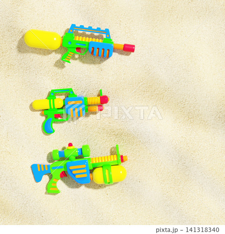 Colorful Water Blaster Toy Set on Sea Sand Background. Premium 3D Render Summer Asset Pack. Part of Toy Catalog Series Colorful Water Blaster Toy Set on Sea Sand Background. Premium 3D Render Summer Asset Pack. Part of Toy Catalog Series 141318340
