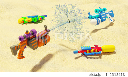 Colorful Water Gun Battle on Sand Beach Summer Kids Outdoor Toy Concept, 3D Render Colorful Water Gun Battle on Sand Beach Summer Kids Outdoor Toy Concept, 3D Render 141318418