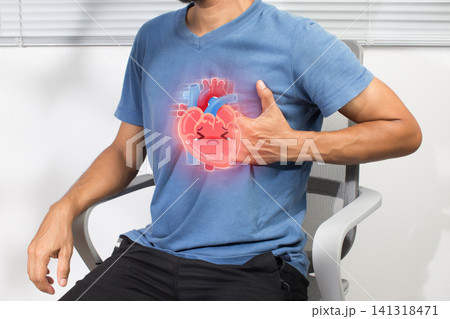 Heart Palpitations Concept with Cartoon Heart on Man Holding Chest Heart Palpitations Concept with Cartoon Heart on Man Holding Chest 141318471