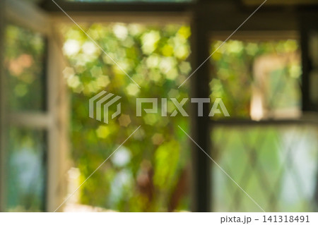 A beautiful blurred background overlooking the defocused window frames, behind which are trees with a bokeh effect in yellow green with polygonal stars. Blank for artworks A beautiful blurred background overlooking the defocused window frames, behind which are trees with a bokeh effect in yellow green with polygonal stars. Blank for artworks 141318491