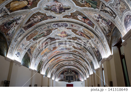 Naples, italy. December 29, 2024. Ornate vaulted ceiling featuring renaissance frescoes inside the monumental complex of san lorenzo maggiore, naples, italy 141318649
