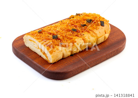 savory meat floss bread stick topped with shredded seaweed and mayonnaise savory meat floss bread stick topped with shredded seaweed and mayonnaise 141318841