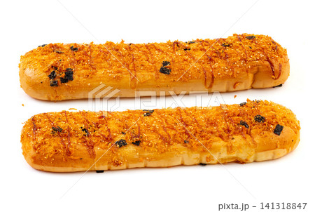 savory meat floss bread stick topped with shredded seaweed and mayonnaise savory meat floss bread stick topped with shredded seaweed and mayonnaise 141318847