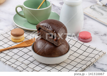 dark chocolate cocoa bread bun filled with chocolate chips soft pastry dark chocolate cocoa bread bun filled with chocolate chips soft pastry 141318867