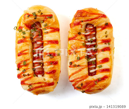 savory green onion sausage bun topped with mayonnaise and ketchup savory green onion sausage bun topped with mayonnaise and ketchup 141319089