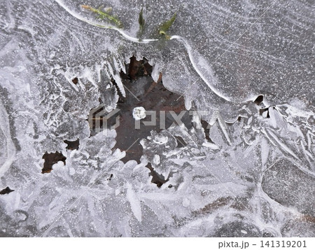 Broken Ice with Central Dark Puddle Opening and Jagged Frosted Crystal Walls, Winter Nature Abstract Macro Detail Broken Ice with Central Dark Puddle Opening and Jagged Frosted Crystal Walls, Winter Nature Abstract Macro Detail 141319201