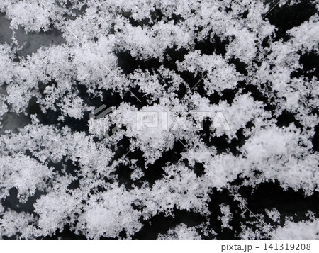 Snow Crystal Clusters on Dark Surface with Soft Focus, Frosted Winter Nature Bokeh Macro Texture Background 141319208