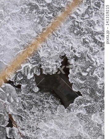 Ice Formation with Central Opening and Frosted Bubble Edges Over Dark Ground, Winter Nature Abstract Portrait Macro Ice Formation with Central Opening and Frosted Bubble Edges Over Dark Ground, Winter Nature Abstract Portrait Macro 141319215