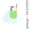 サクランボをついばむペンギンとメロンクリームソーダの水彩風イラスト 141319303
