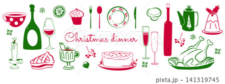 Vintage Christmas dinner poster, doodle xmas icons Vintage Christmas dinner poster, doodle xmas icons 141319745